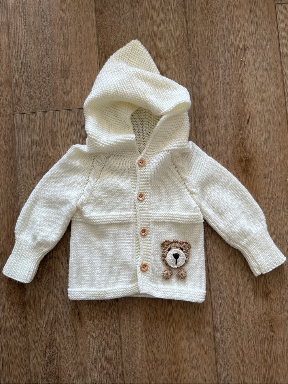 Cream Hooded Baby Sweater with Teddy Patch